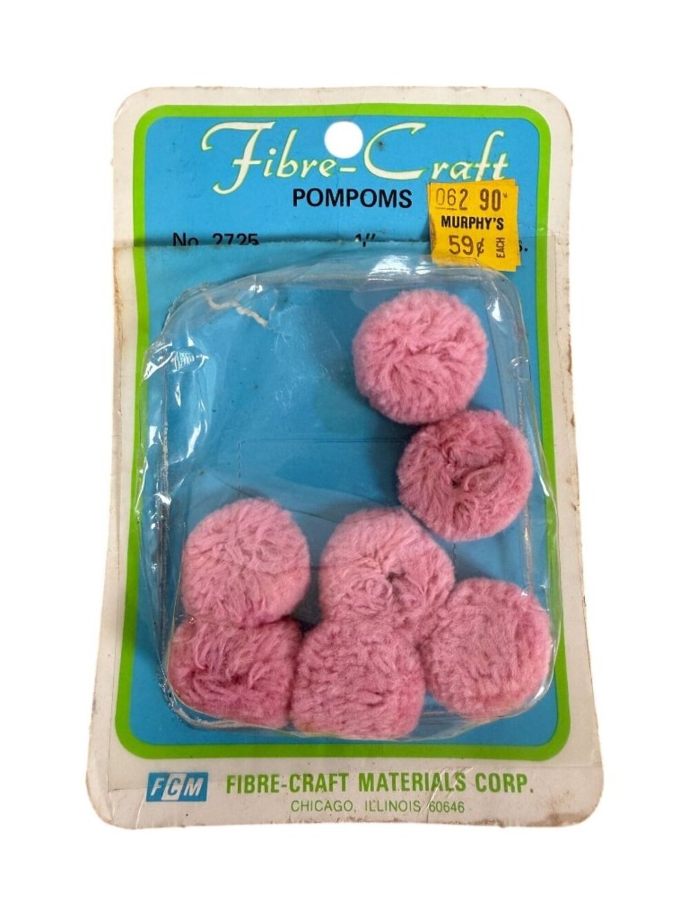 Vintage Fibre-Craft Pink 1-Inch Craft Pompoms No. 2725 Murphy Mart Price Tag